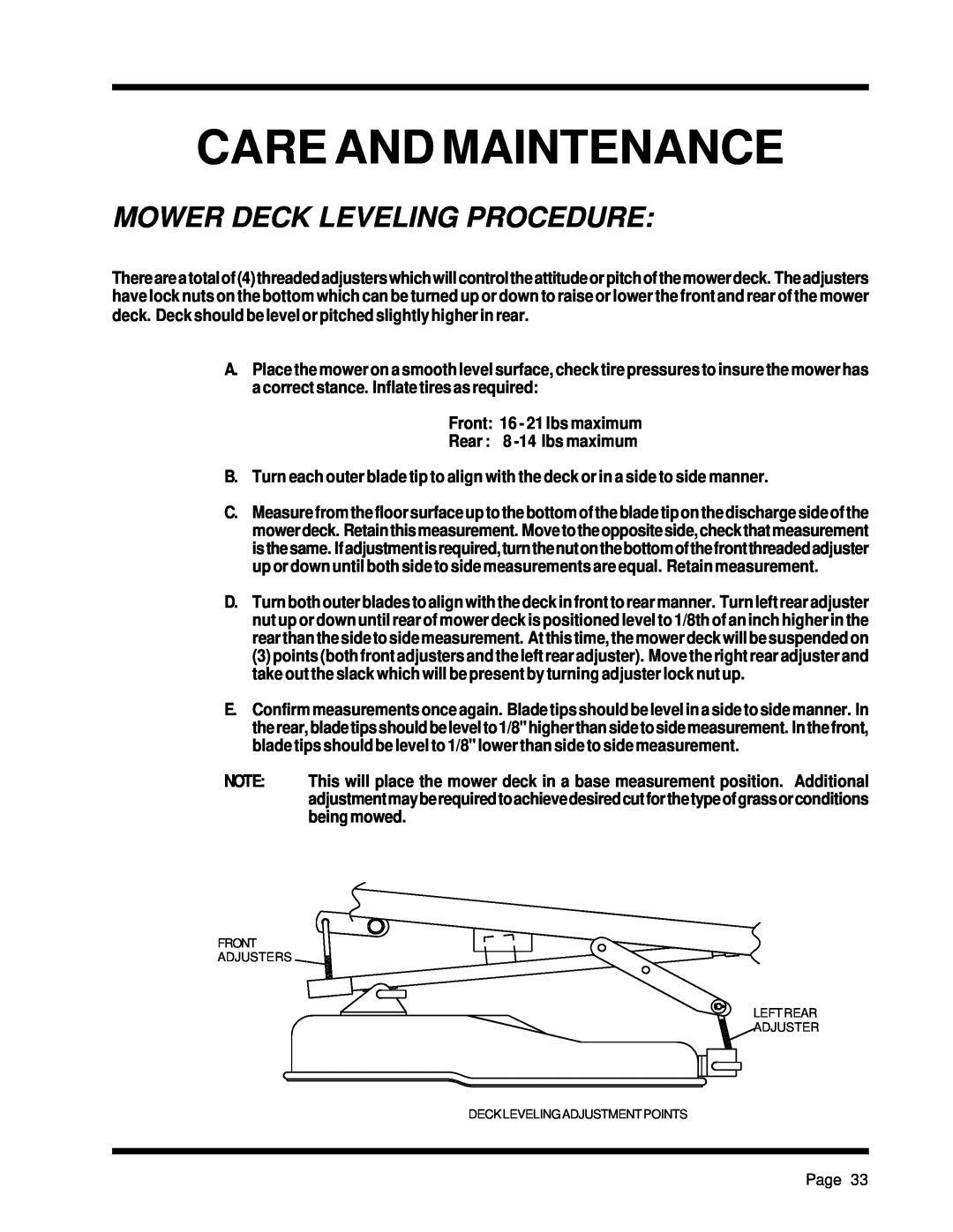 Dixon ZTR 5425, ZTR 5023 manual Mower Deck Leveling Procedure, Care And Maintenance 