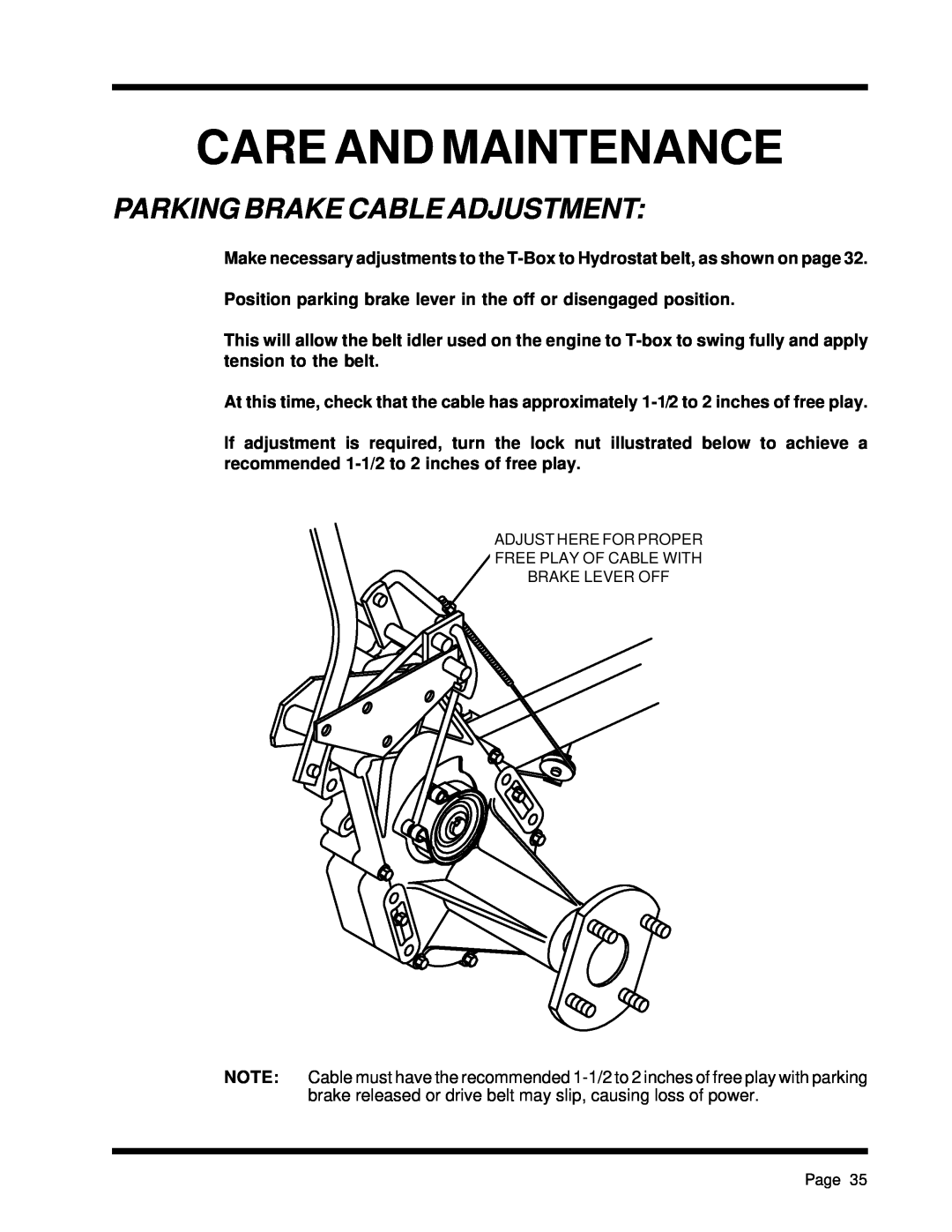 Dixon ZTR 5425 Parking Brake Cable Adjustment, Care And Maintenance, Adjust Here For Proper Free Play Of Cable With, Page 