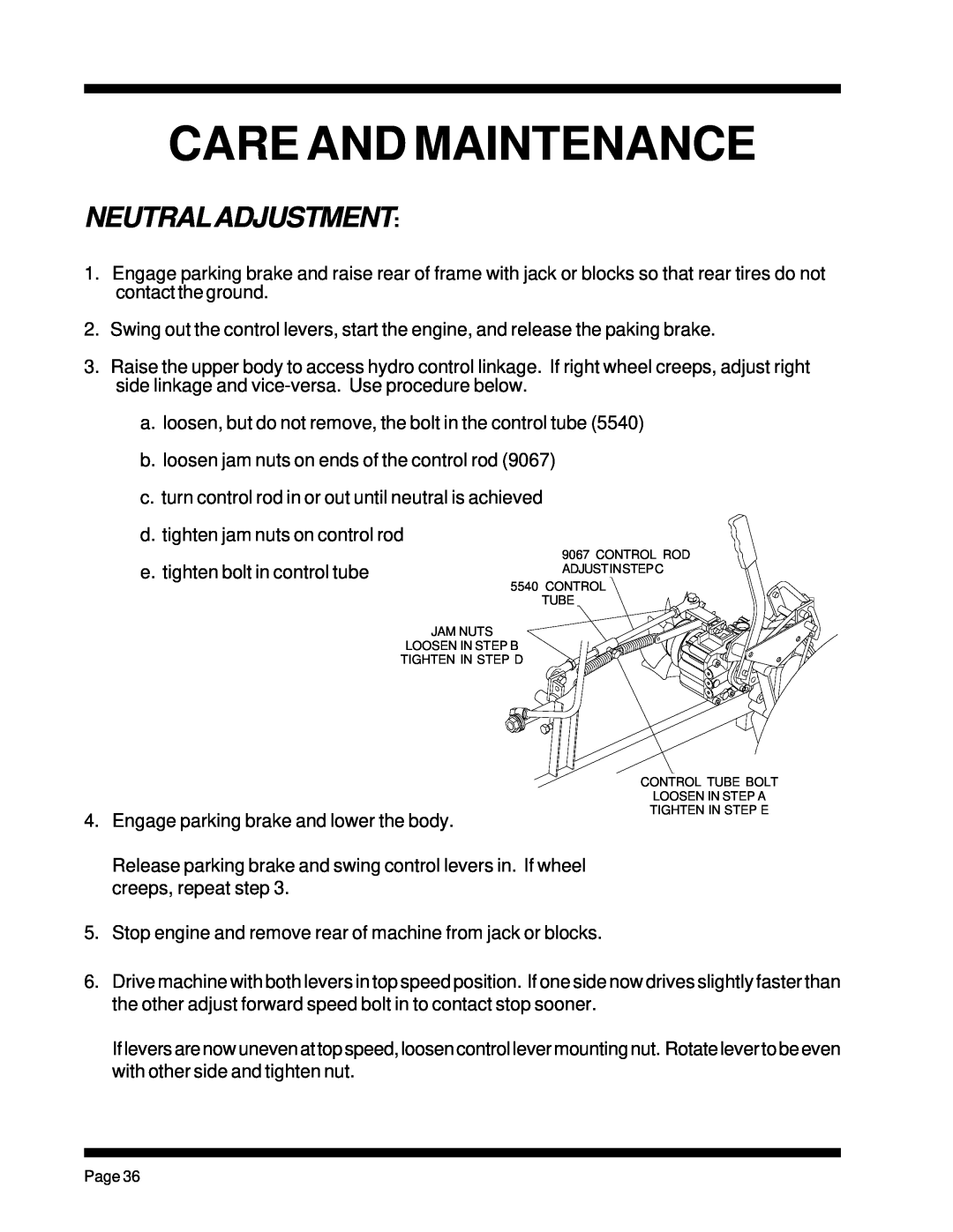 Dixon ZTR 5023, ZTR 5425 manual Neutraladjustment, Care And Maintenance 