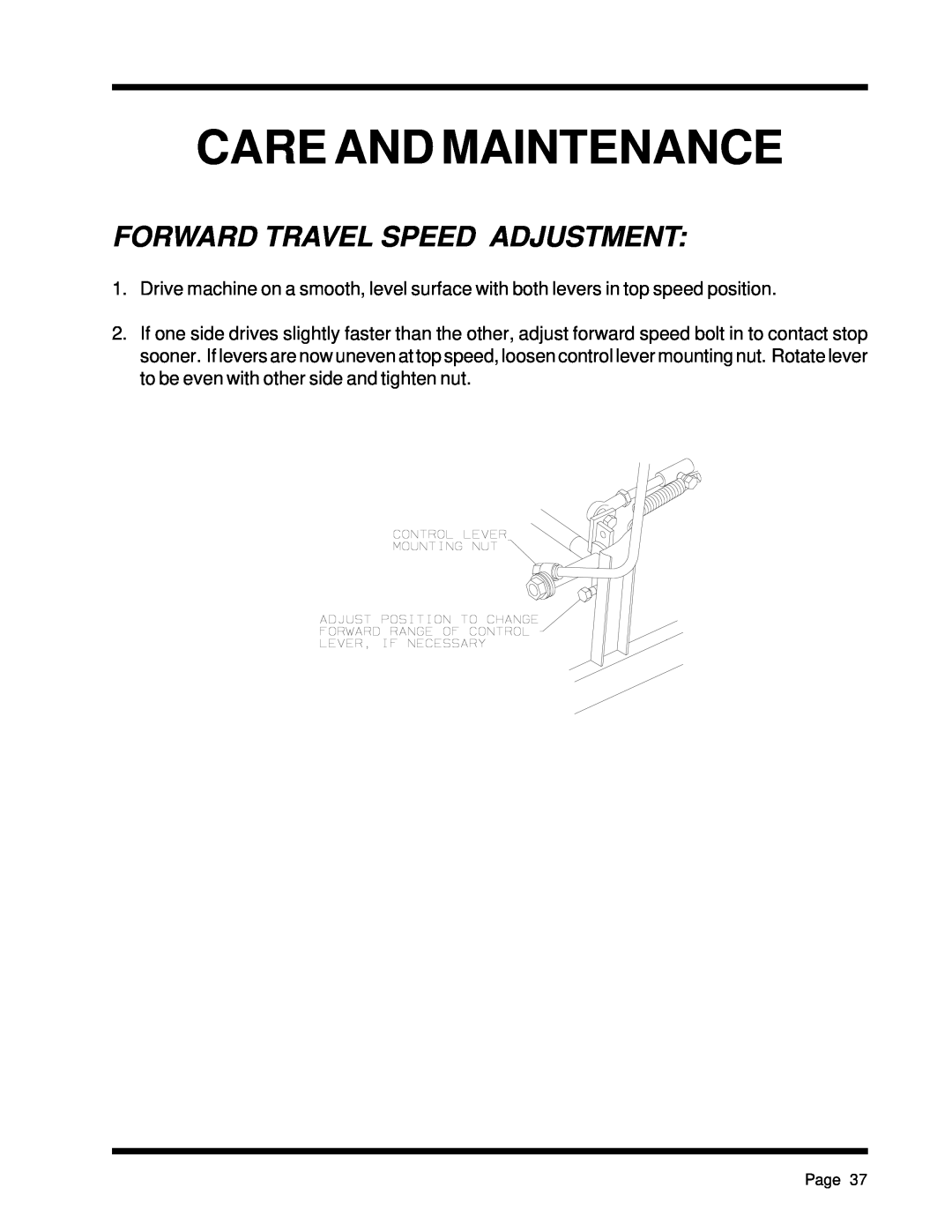 Dixon ZTR 5425, ZTR 5023 manual Forward Travel Speed Adjustment, Care And Maintenance 