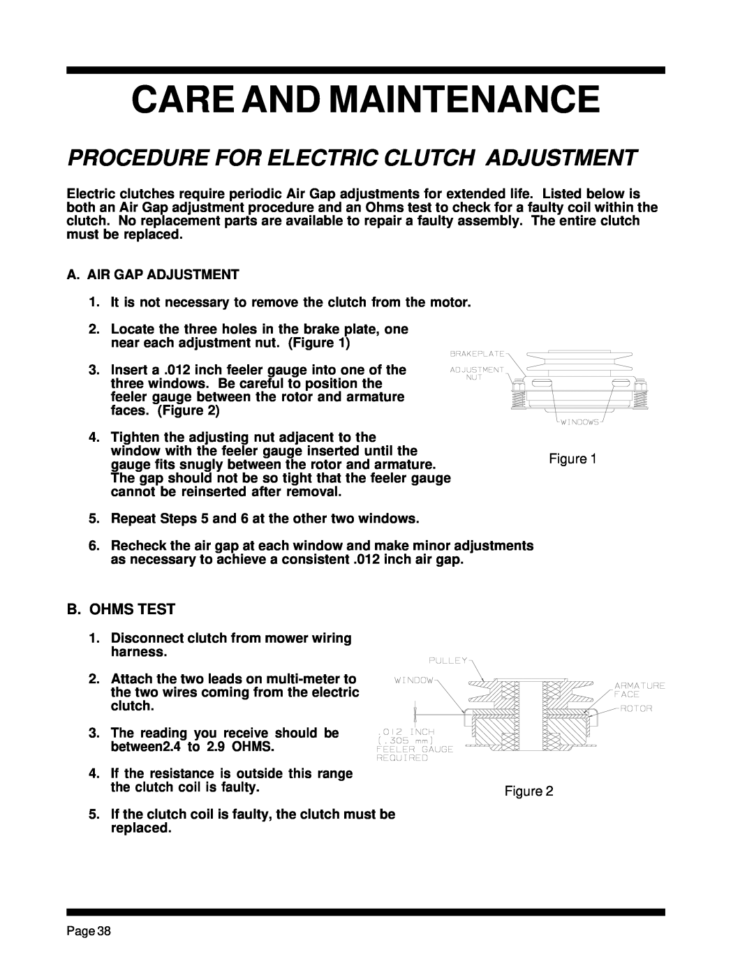 Dixon ZTR 5023, ZTR 5425 manual Procedure For Electric Clutch Adjustment, Care And Maintenance, B. Ohms Test 