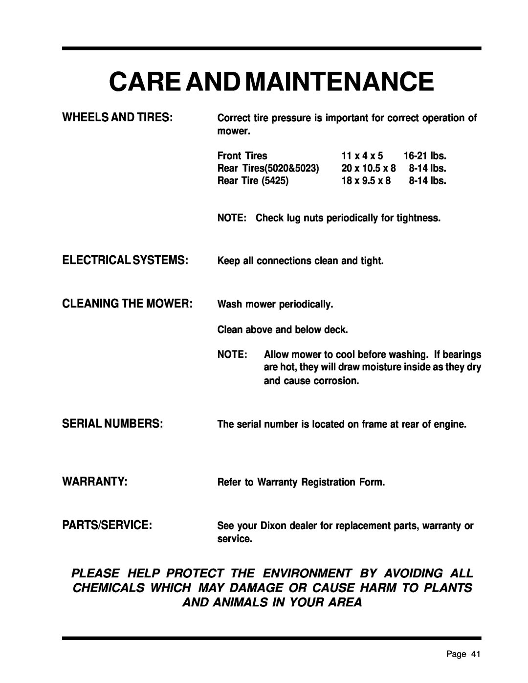 Dixon ZTR 5425, ZTR 5023 manual Care And Maintenance, Wheels And Tires, Electrical Systems Cleaning The Mower 