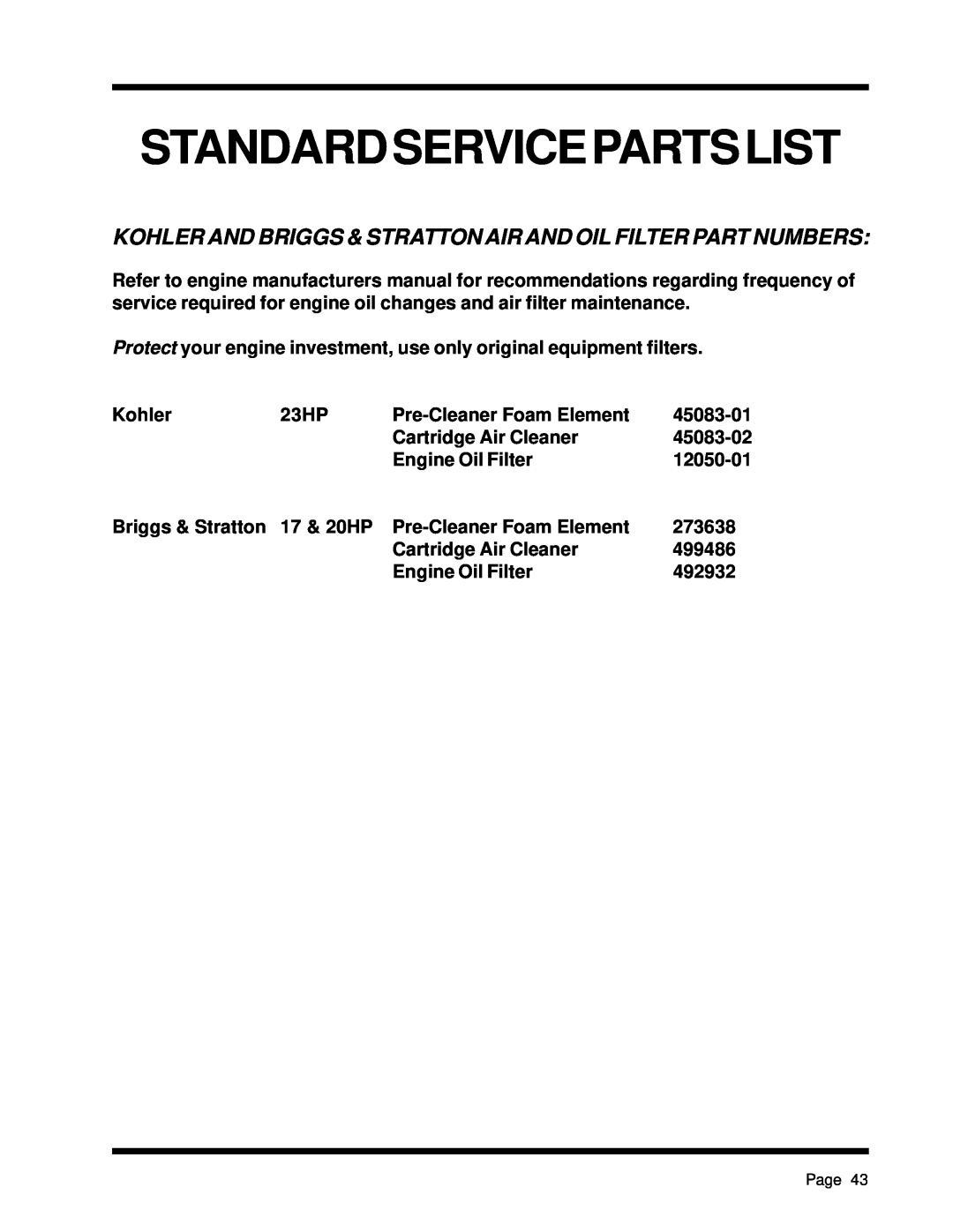 Dixon ZTR 5425, ZTR 5023 manual Standardservicepartslist, Kohler 