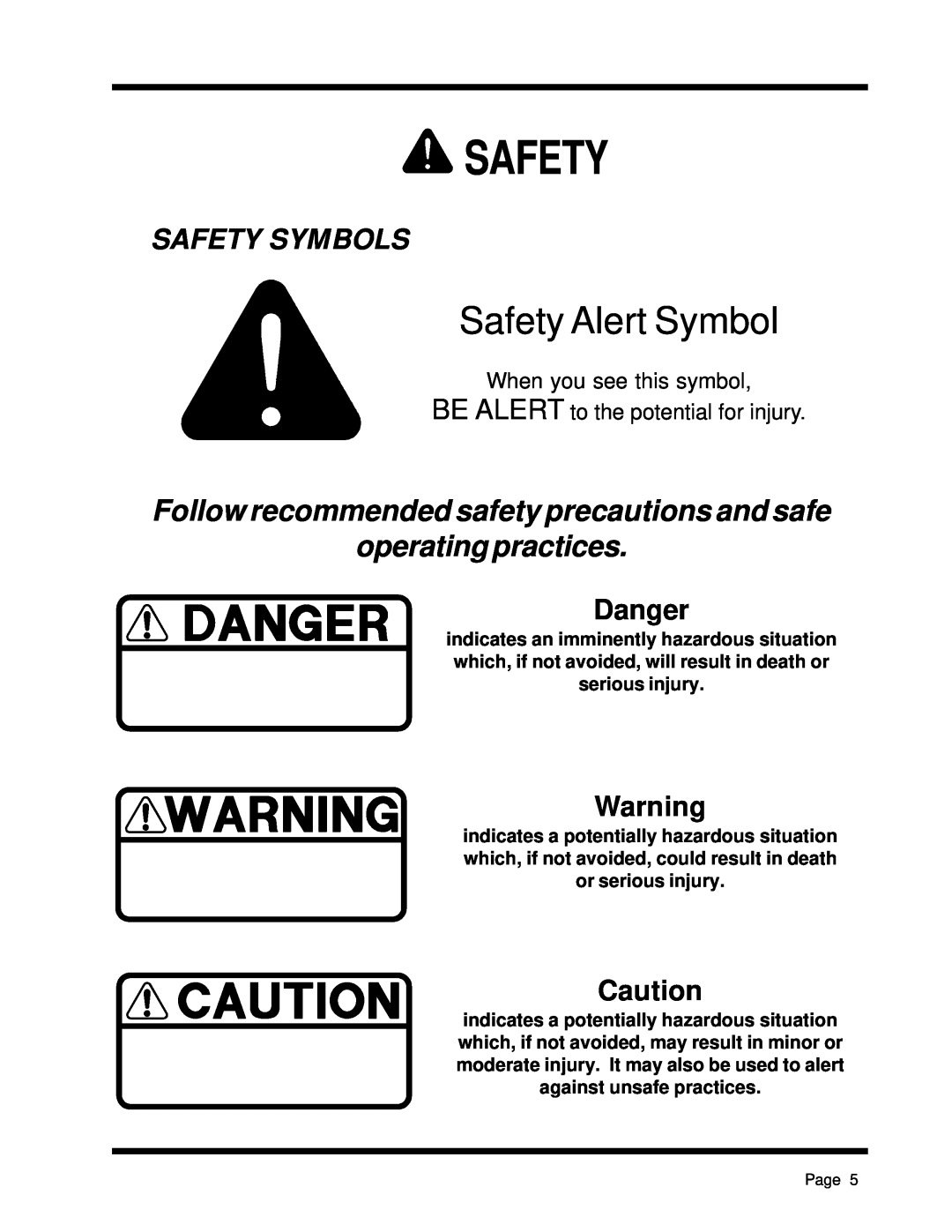 Dixon ZTR 5425, ZTR 5023 manual Safety Symbols, Danger, Safety Alert Symbol, Follow recommended safety precautions and safe 