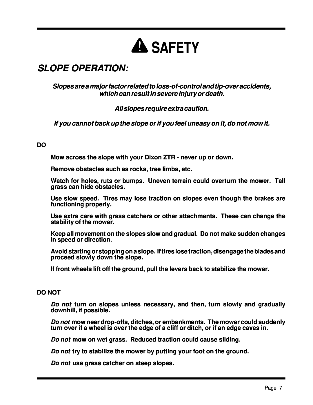 Dixon ZTR 5425, ZTR 5023 Slope Operation, Safety, which can result in severe injury or death, Allslopesrequireextracaution 