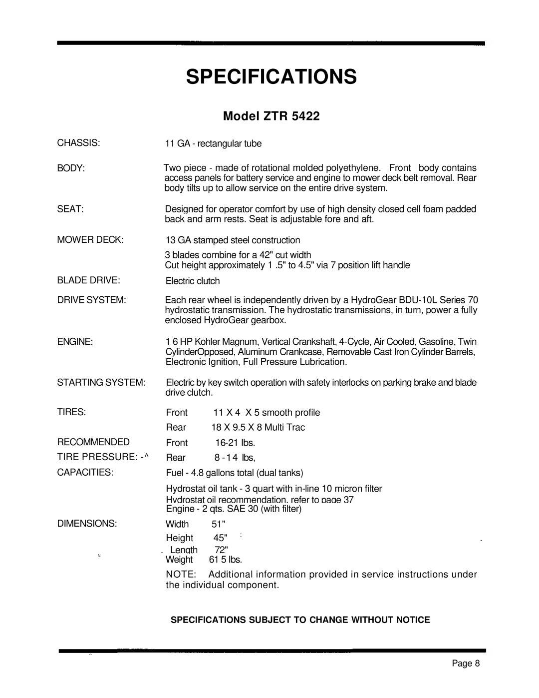 Dixon ZTR 5601, ZTR 5422, ZTR 5502 manual Specifications 