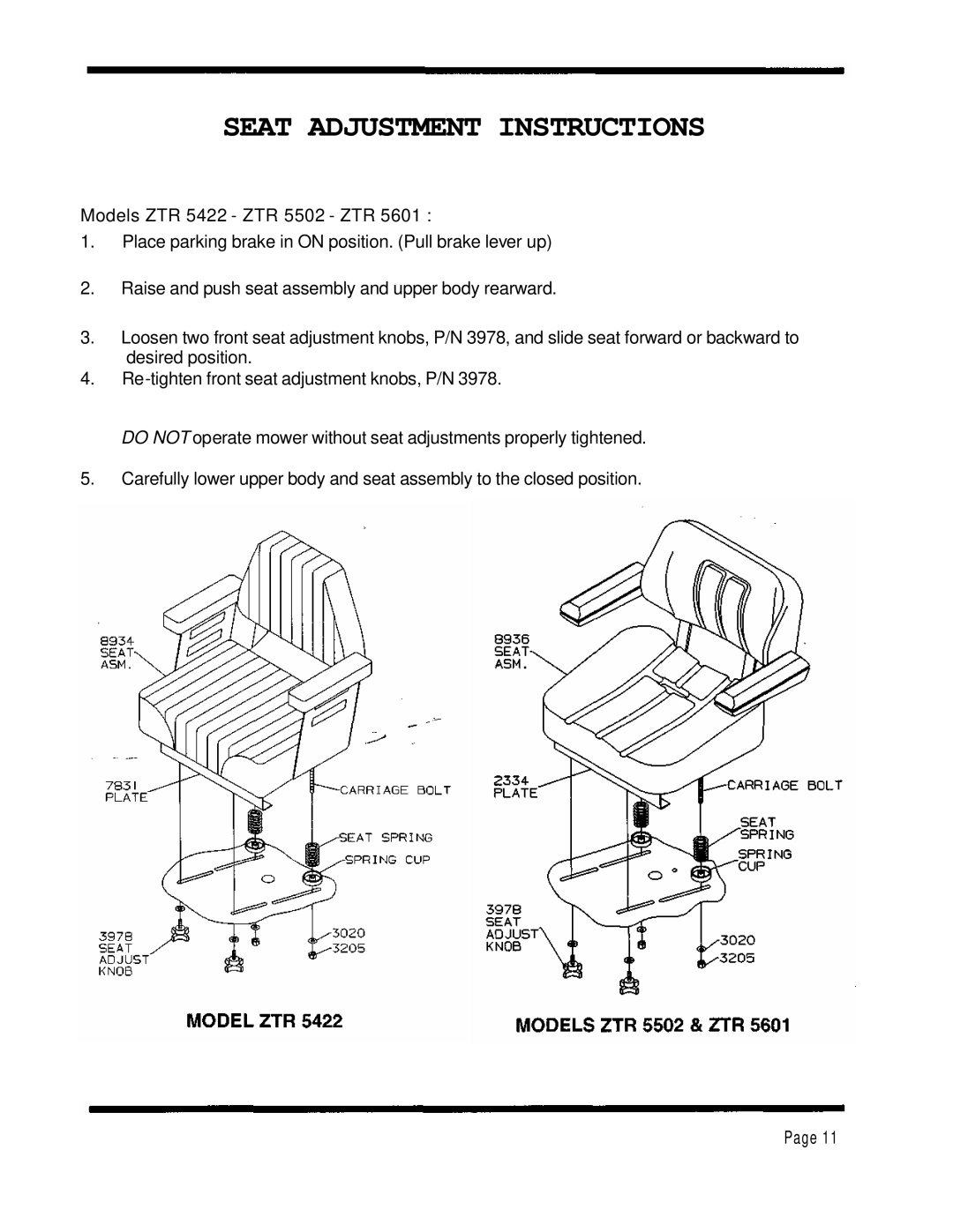 Dixon ZTR 5601, ZTR 5422, ZTR 5502 manual Seat Adjustment Instructions 