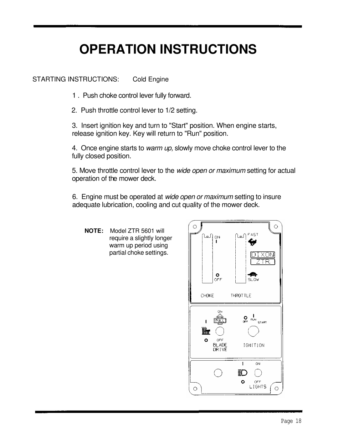 Dixon ZTR 5422, ZTR 5502, ZTR 5601 manual Starting Instructions Cold Engine 