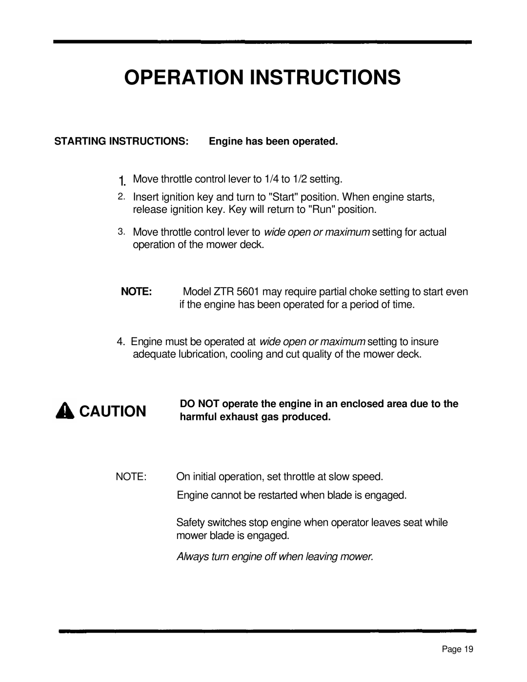 Dixon ZTR 5502, ZTR 5422, ZTR 5601 manual Starting Instructions 