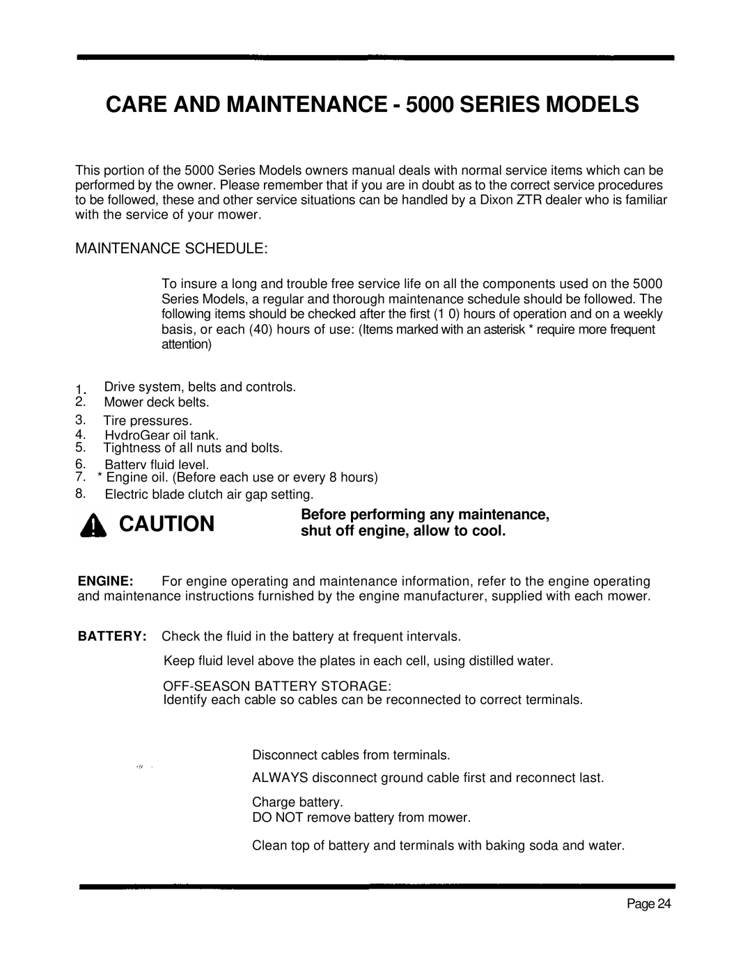 Dixon ZTR 5422, ZTR 5502, ZTR 5601 manual Care and Maintenance 5000 Series Models 