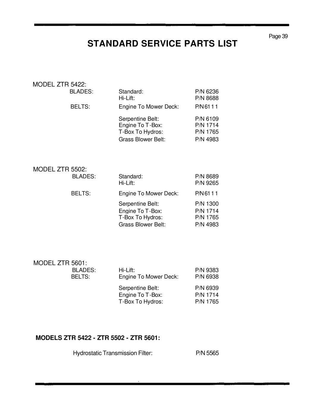 Dixon ZTR 5422, ZTR 5502, ZTR 5601 manual Standard Service Parts List 