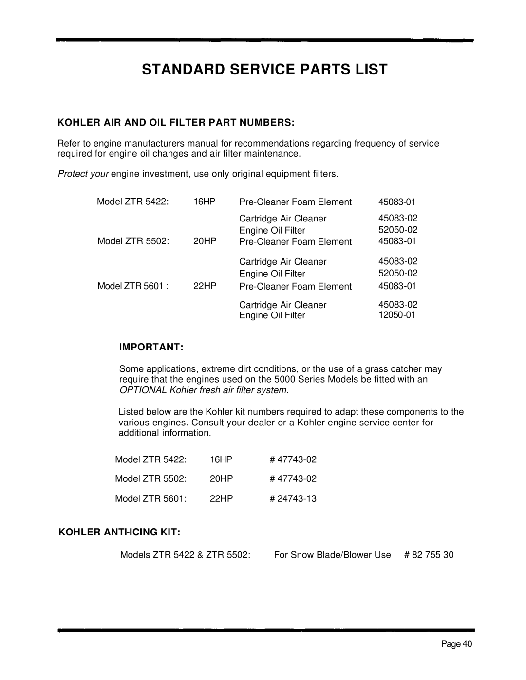 Dixon ZTR 5502, ZTR 5422, ZTR 5601 manual Kohler AIR and OIL Filter Part Numbers, Kohler ANTI-ICING KIT 