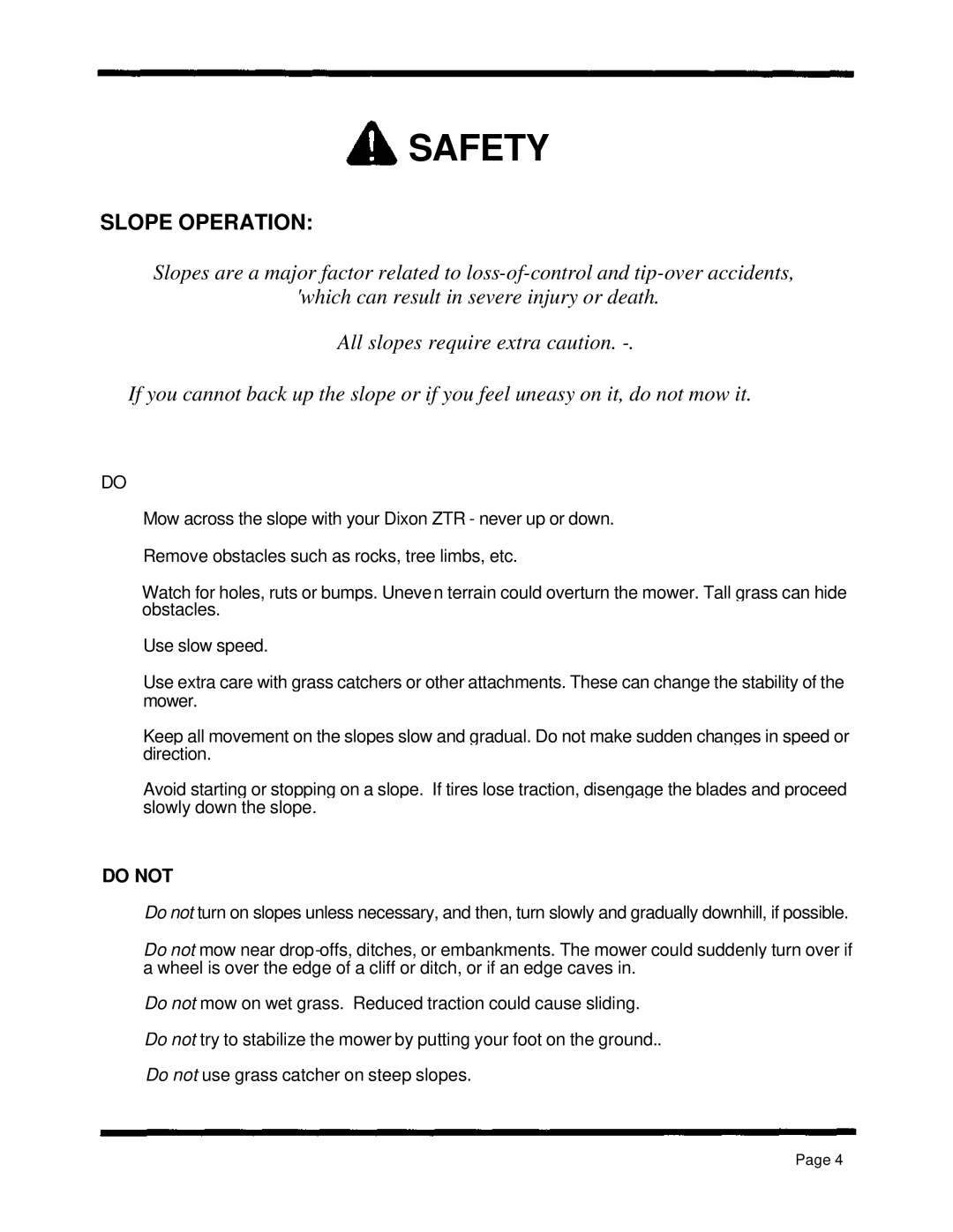 Dixon ZTR 5502, ZTR 5422, ZTR 5601 manual Slope Operation, Do not 