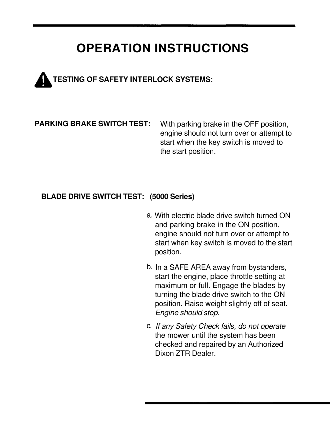 Dixon ZTR 5601, ZTR 5422 Operation Instructions, Testing Of Safety Interlock Systems, BLADE DRIVE SWITCH TEST 5000 Series 