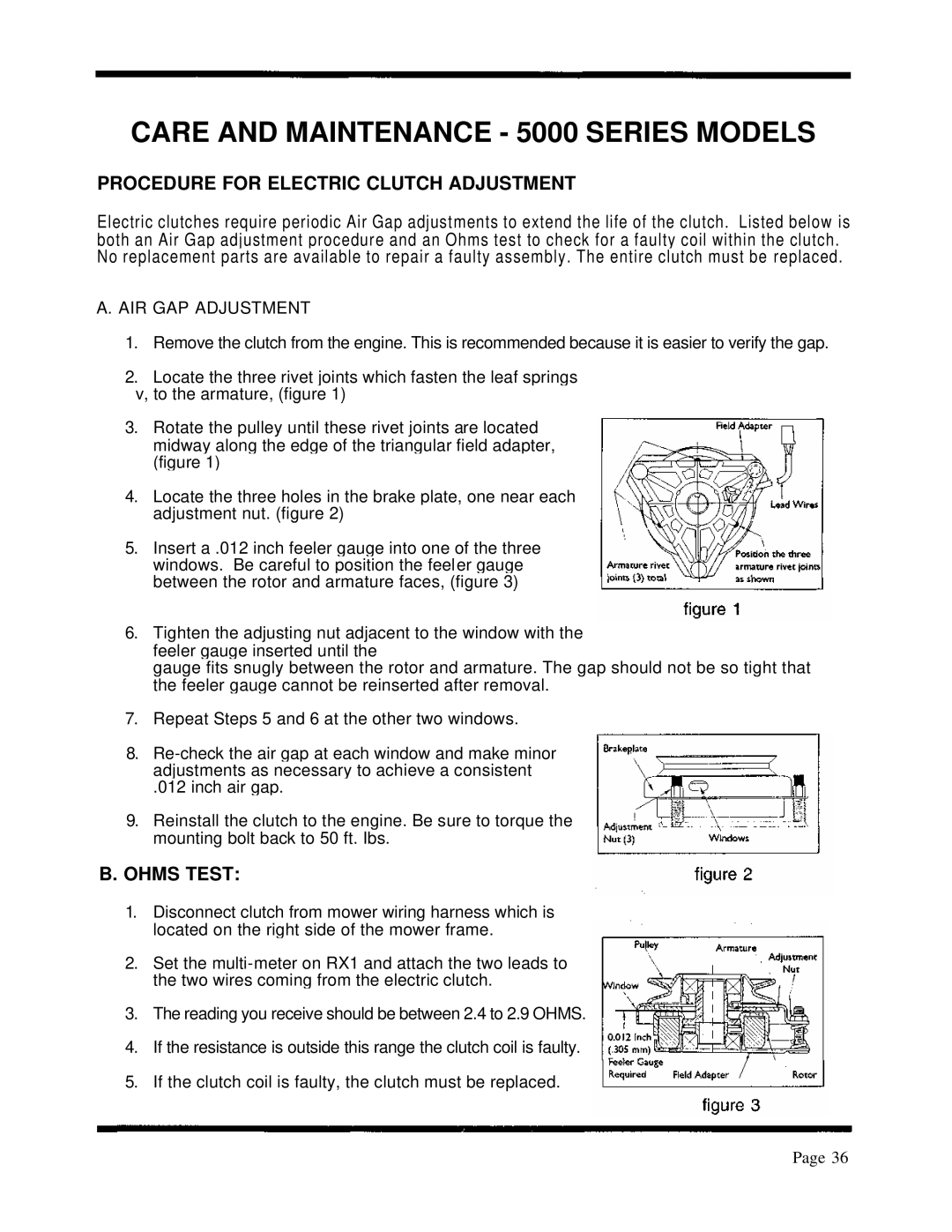 Dixon ZTR 5422, ZTR 5502 CARE AND MAINTENANCE - 5000 SERIES MODELS, Procedure For Electric Clutch Adjustment, B. Ohms Test 
