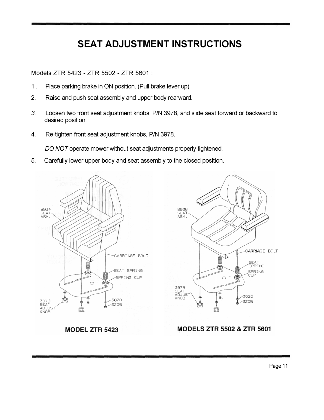 Dixon ZTR 5423 manual Seat Adjustment Instructions 