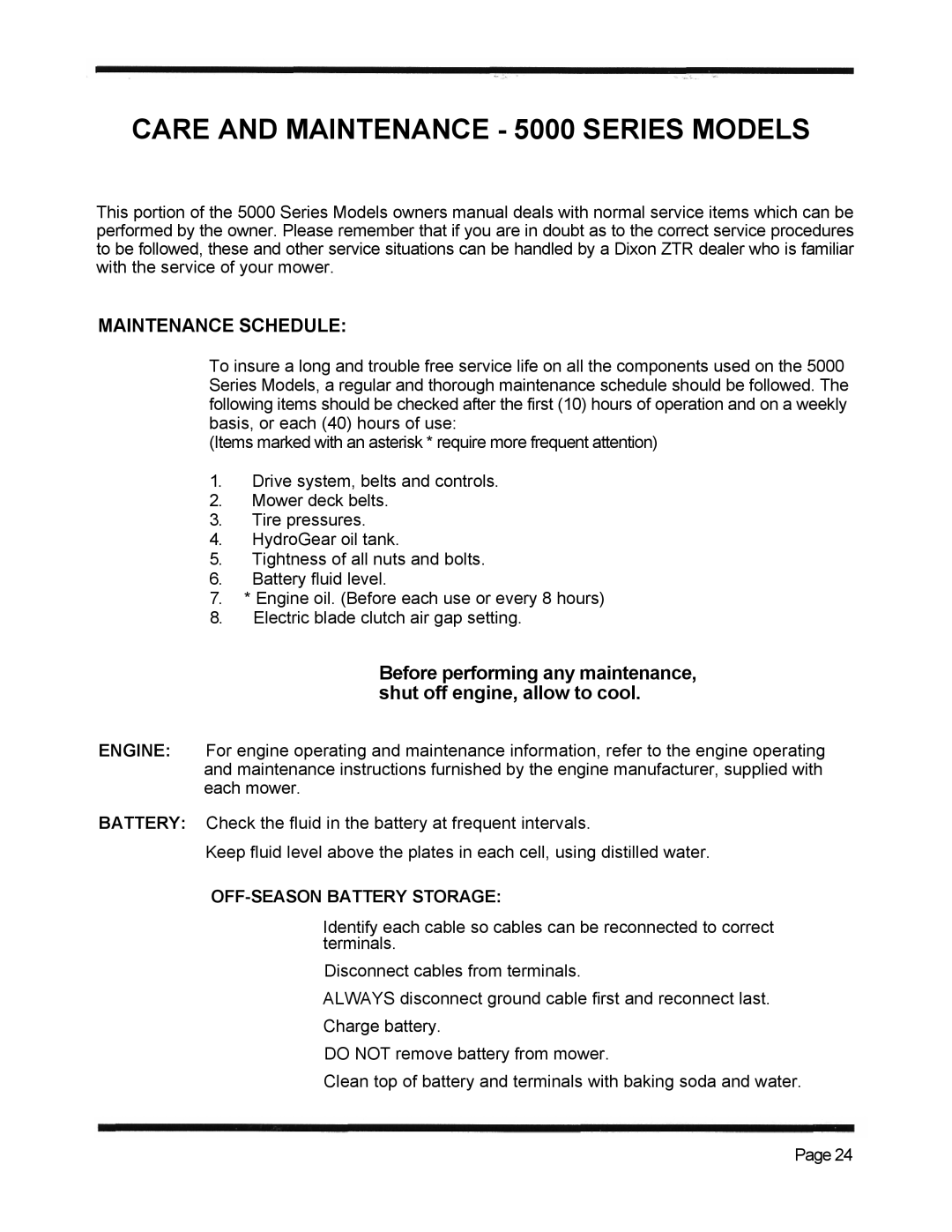 Dixon ZTR 5423 manual Maintenance Schedule, OFF-SEASON Battery Storage 