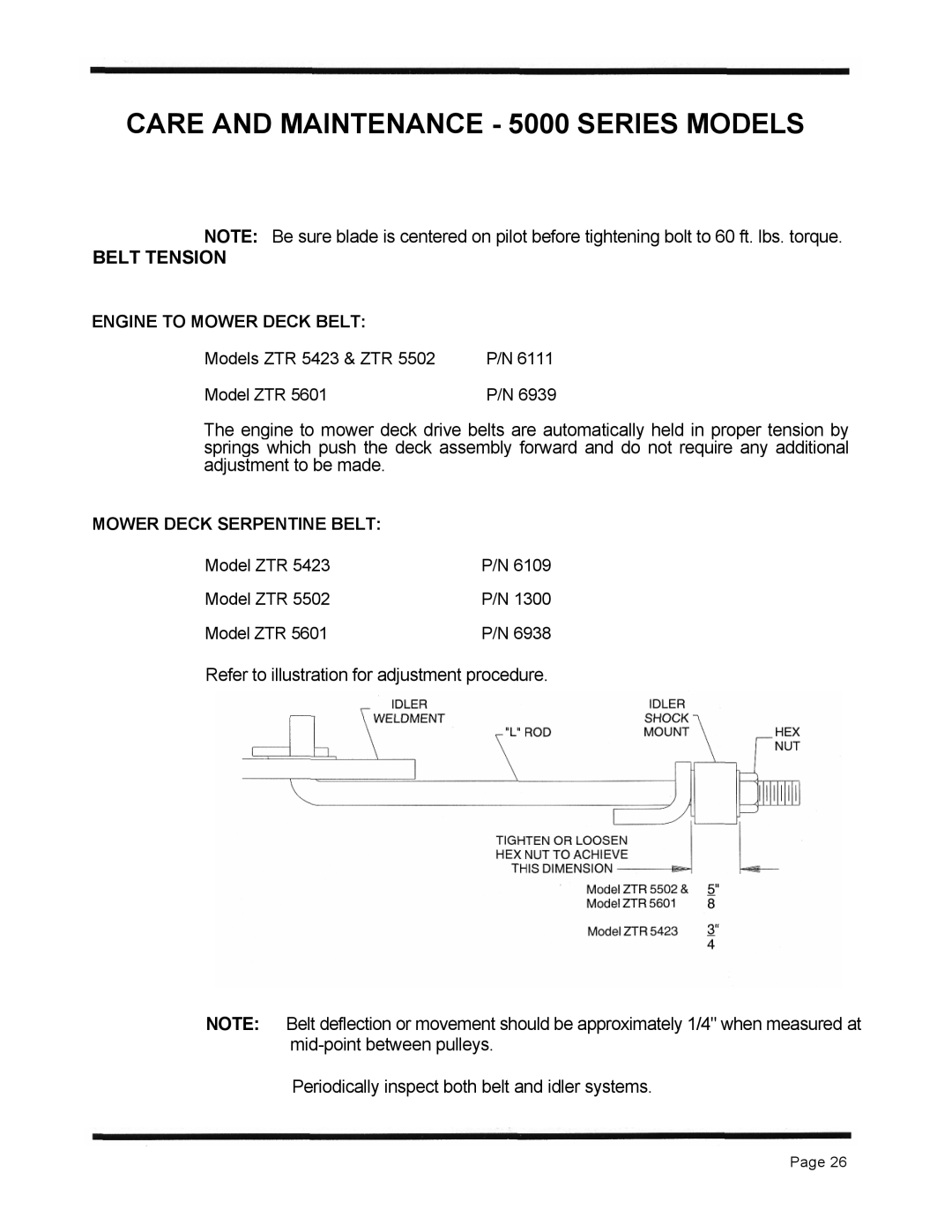 Dixon ZTR 5423 manual Belt Tension Engine to Mower Deck Belt, Mower Deck Serpentine Belt 