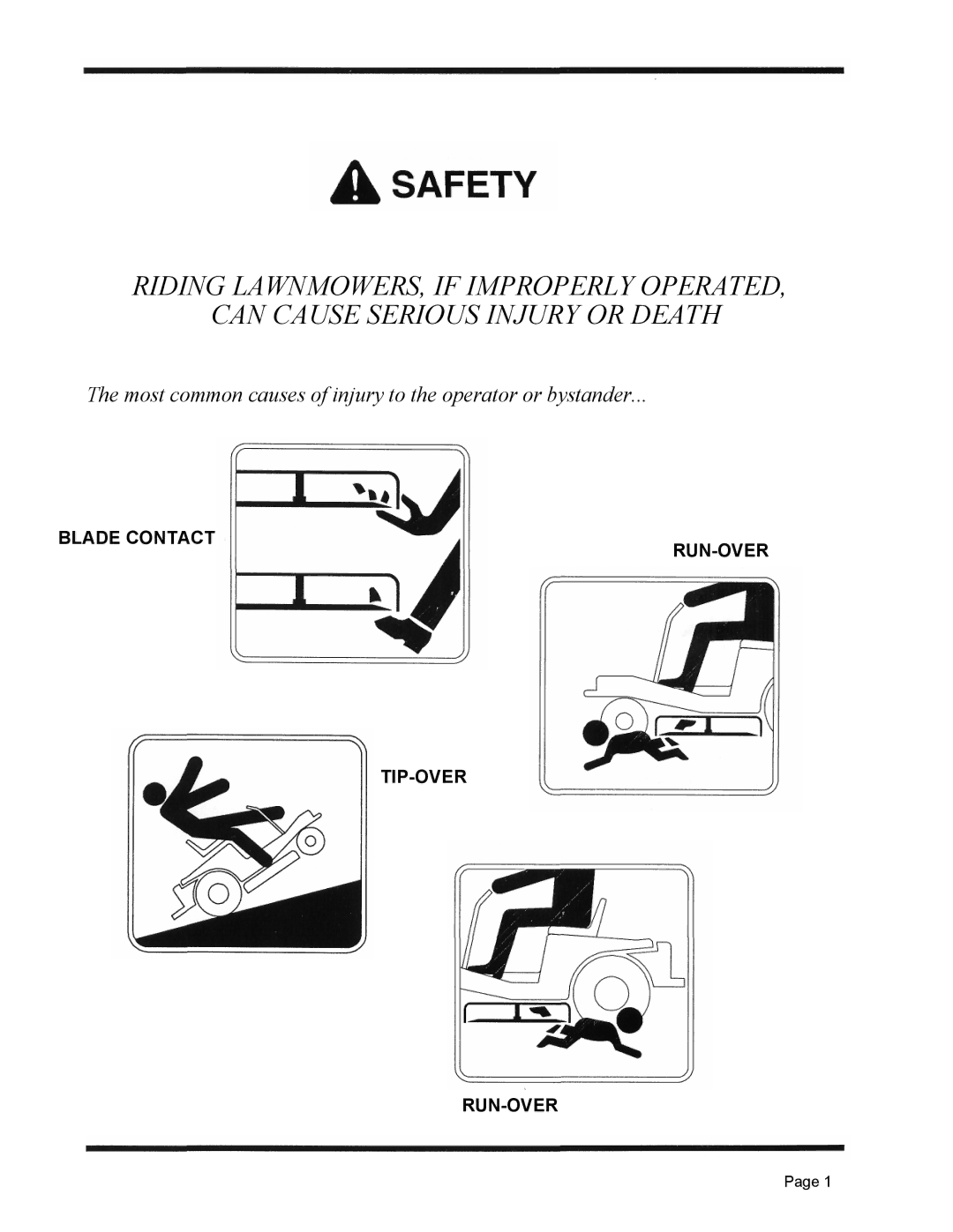 Dixon ZTR 5423 manual Most common causes of injury to the operator or bystander, Blade Contact RUN-OVER TIP-OVER 