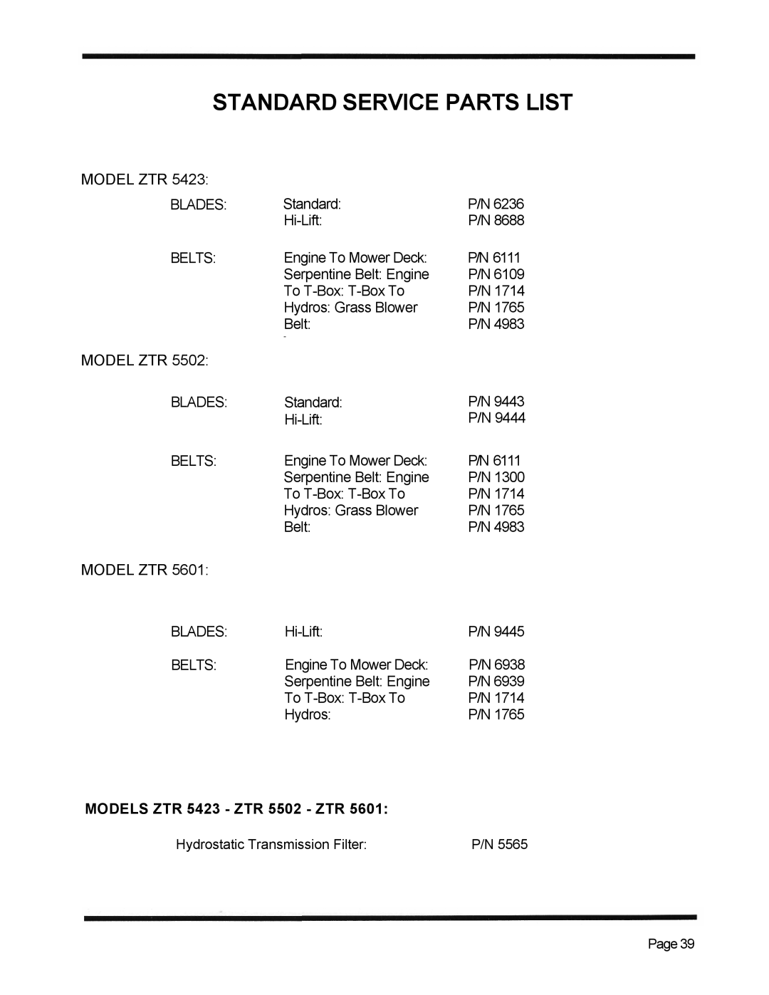 Dixon ZTR 5423 manual Standard Service Parts List 