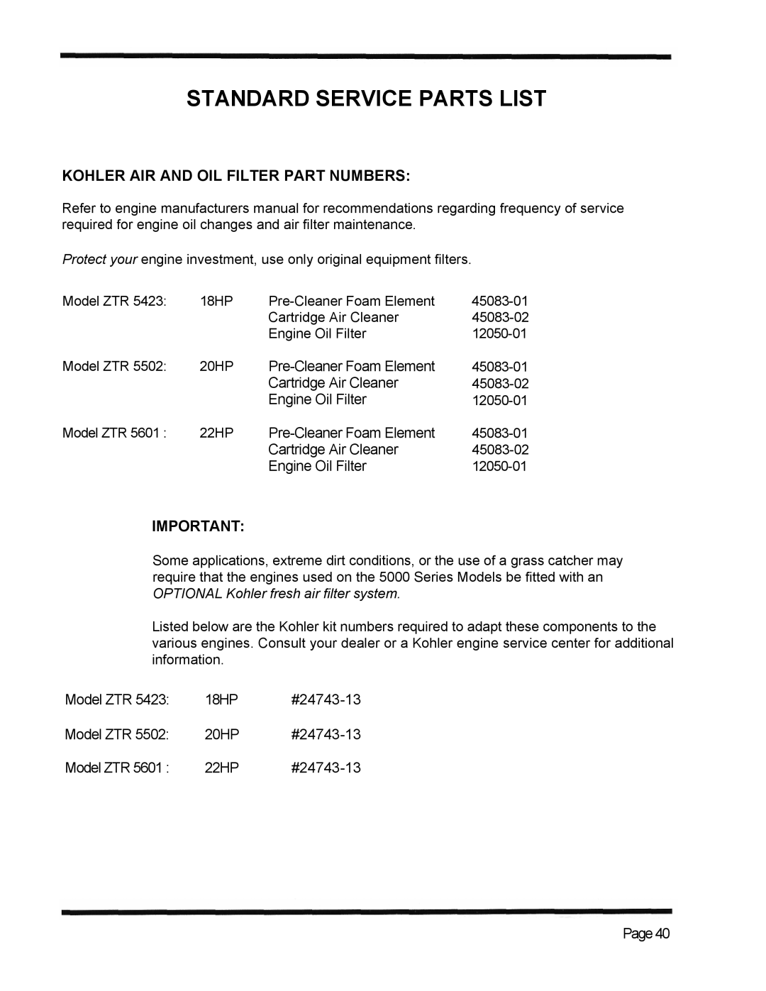 Dixon ZTR 5423 manual Standard Service Parts List, Kohler AIR and OIL Filter Part Numbers 