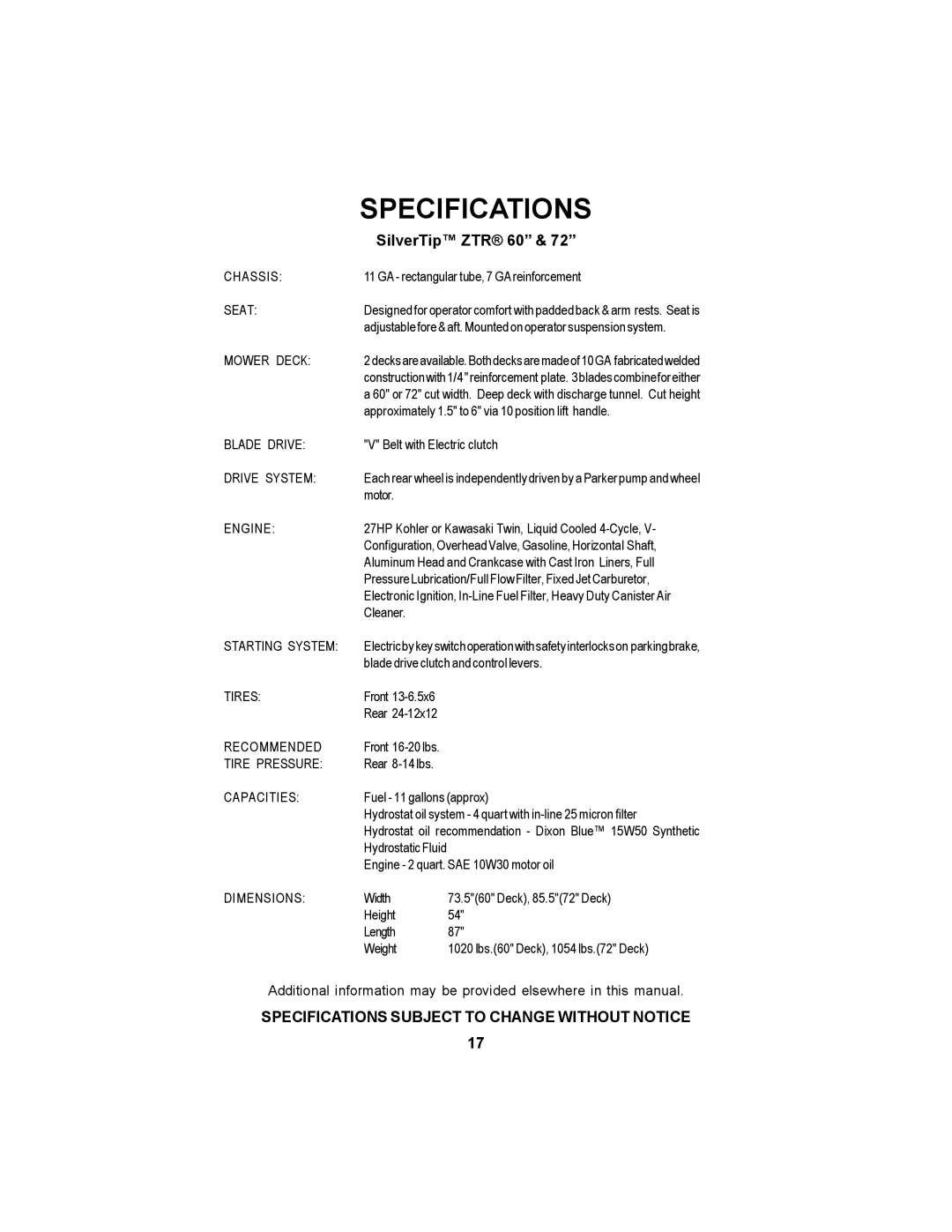 Dixon ZTR 72 manual Specifications, SilverTip ZTR 60 