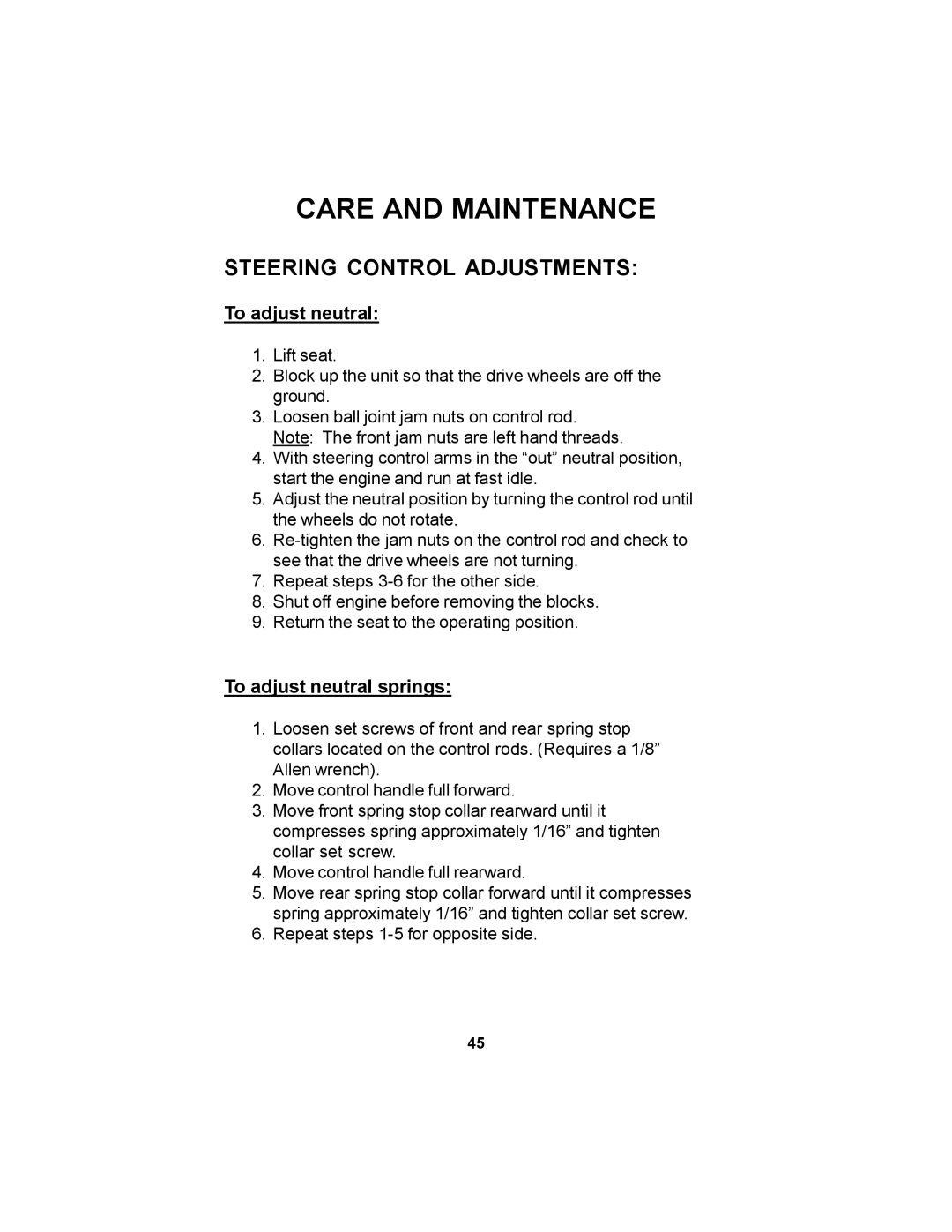 Dixon ZTR 72, ZTR 60 manual Steering Control Adjustments, To adjust neutral 