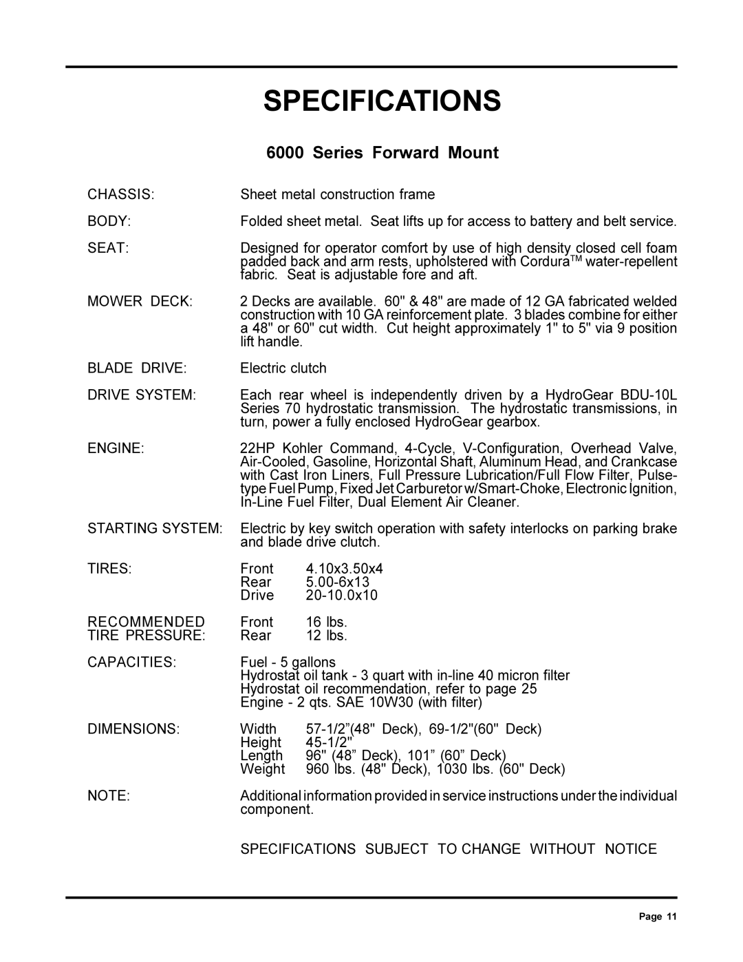 Dixon 13090-0700, ZTR 6022 manual Specifications, Series Forward Mount 