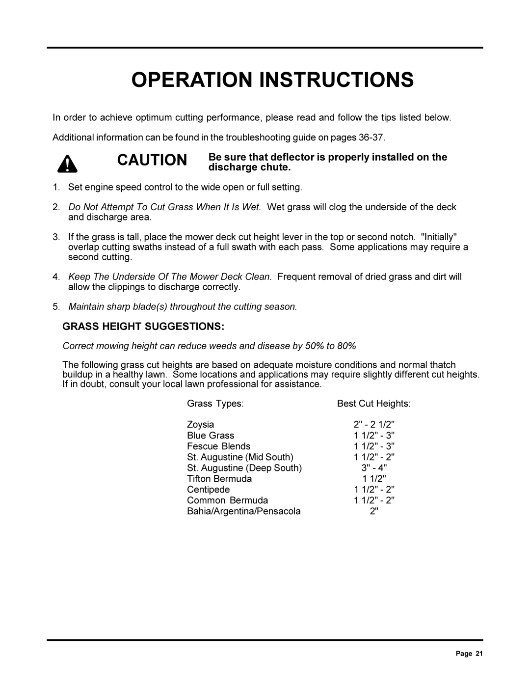 Dixon 13090-0700, ZTR 6022 manual Discharge chute, Grass Height Suggestions 