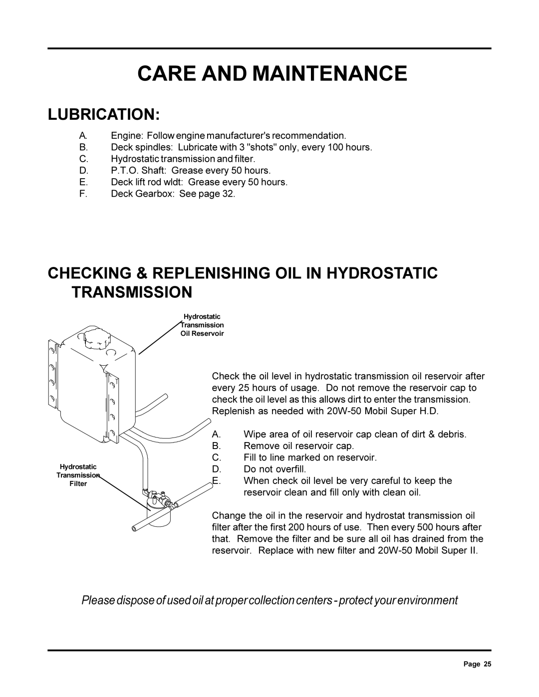 Dixon 13090-0700, ZTR 6022 manual Lubrication, Checking & Replenishing OIL in Hydrostatic Transmission 