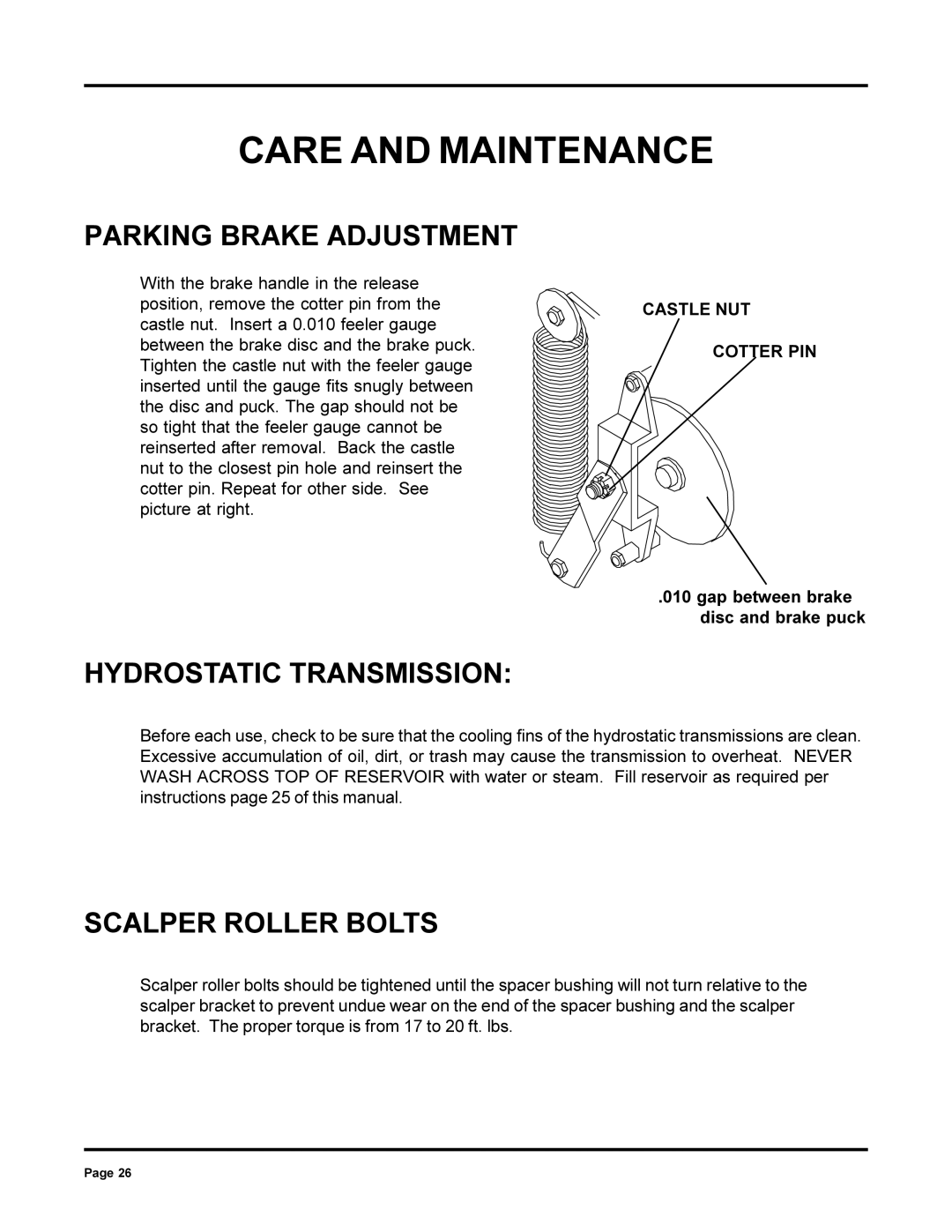 Dixon ZTR 6022, 13090-0700 manual Parking Brake Adjustment, Hydrostatic Transmission, Scalper Roller Bolts 