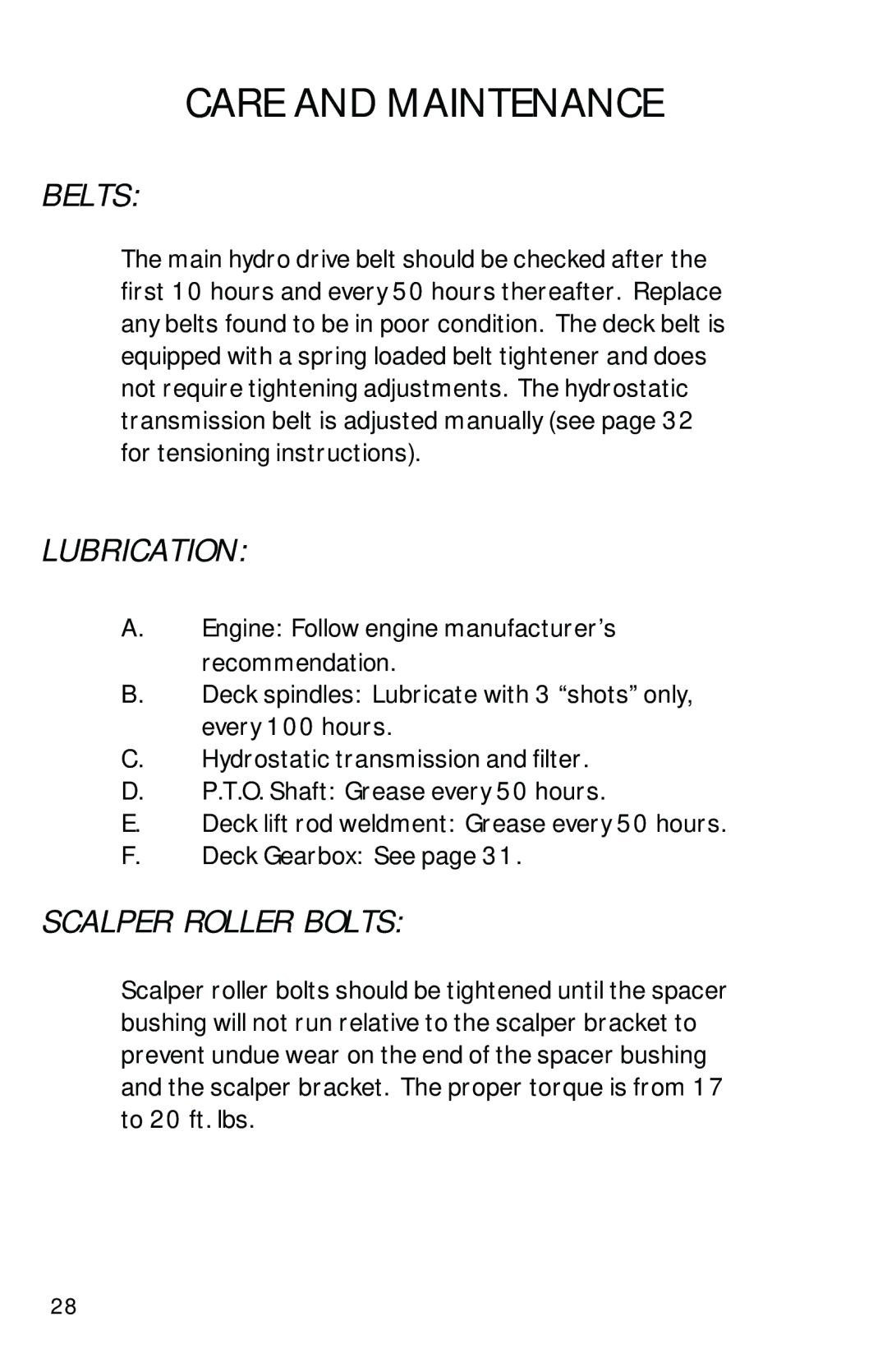 Dixon ZTR 6023, 13090-0601 manual Belts, Lubrication, Scalper Roller Bolts 