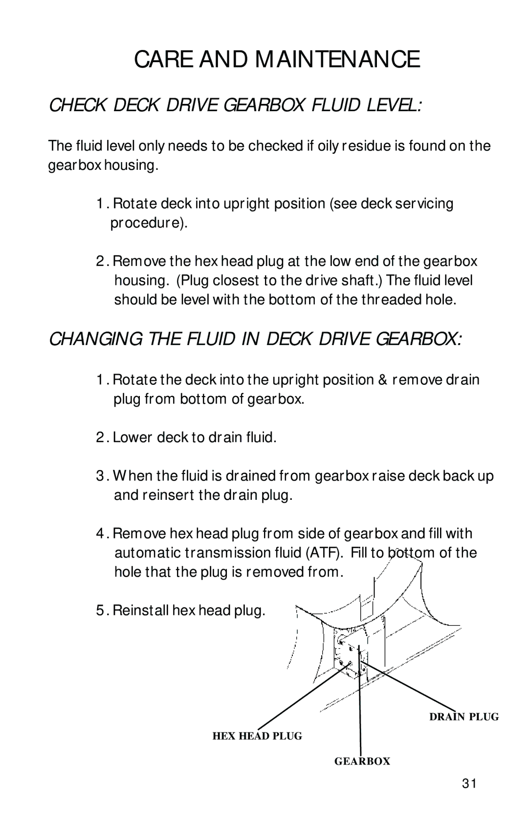 Dixon 13090-0601, ZTR 6023 manual Check Deck Drive Gearbox Fluid Level, Changing the Fluid in Deck Drive Gearbox 