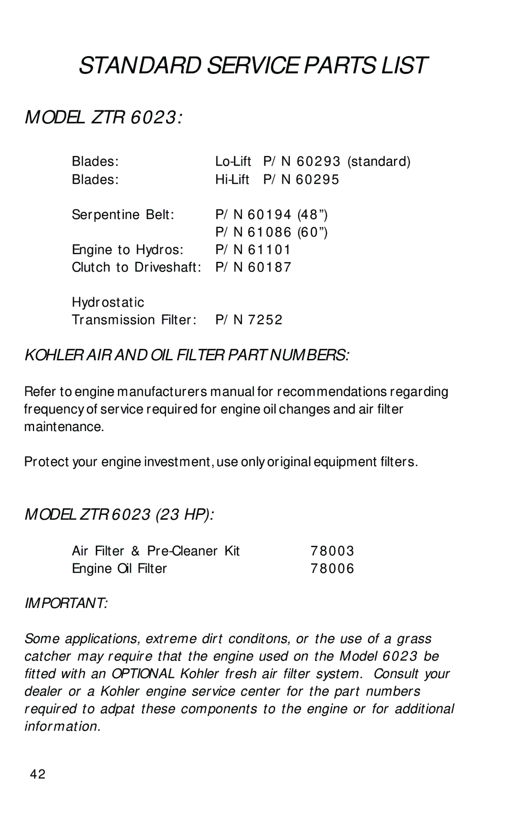 Dixon ZTR 6023, 13090-0601 manual Standard Service Parts List, Model ZTR 