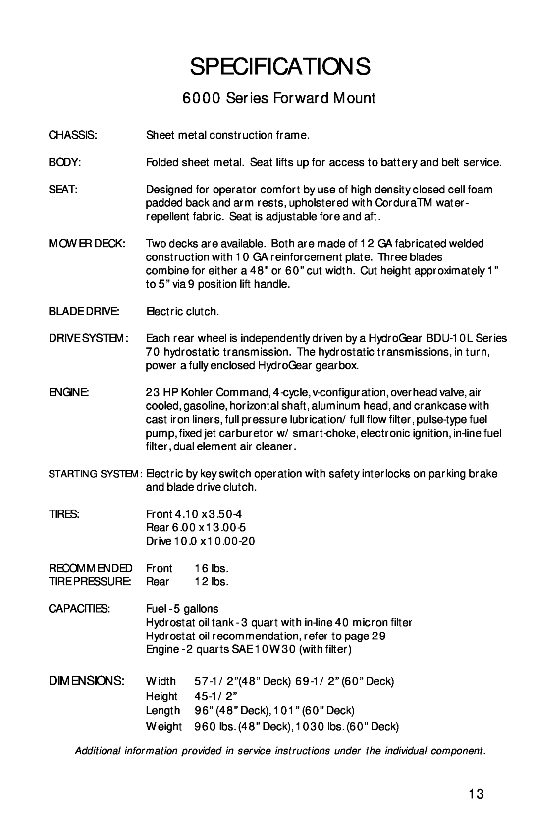 Dixon 13090-0601, ZTR 6023 manual Specifications, Series Forward Mount 
