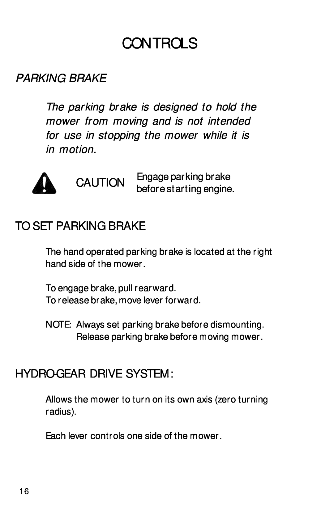 Dixon ZTR 6023, 13090-0601 manual To Set Parking Brake, Hydro-Gear Drive System, Controls 