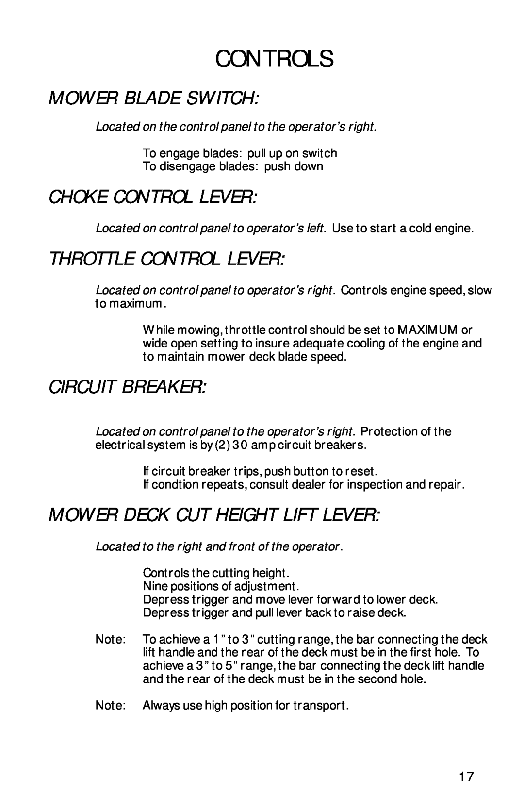Dixon 13090-0601, ZTR 6023 manual Mower Blade Switch, Choke Control Lever, Throttle Control Lever, Circuit Breaker, Controls 