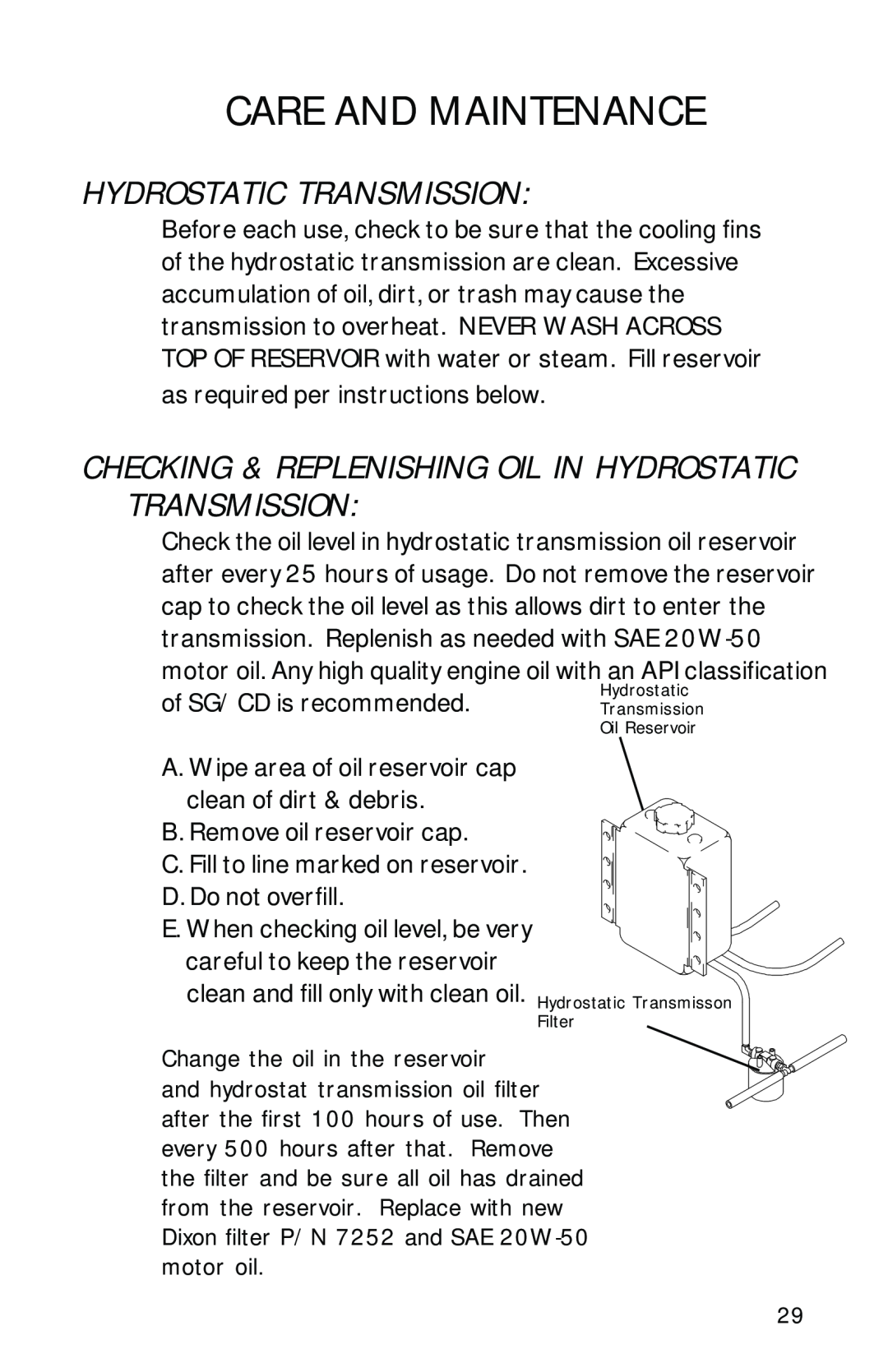 Dixon 13090-0601, ZTR 6023 manual Checking & Replenishing Oil In Hydrostatic Transmission, Care And Maintenance 