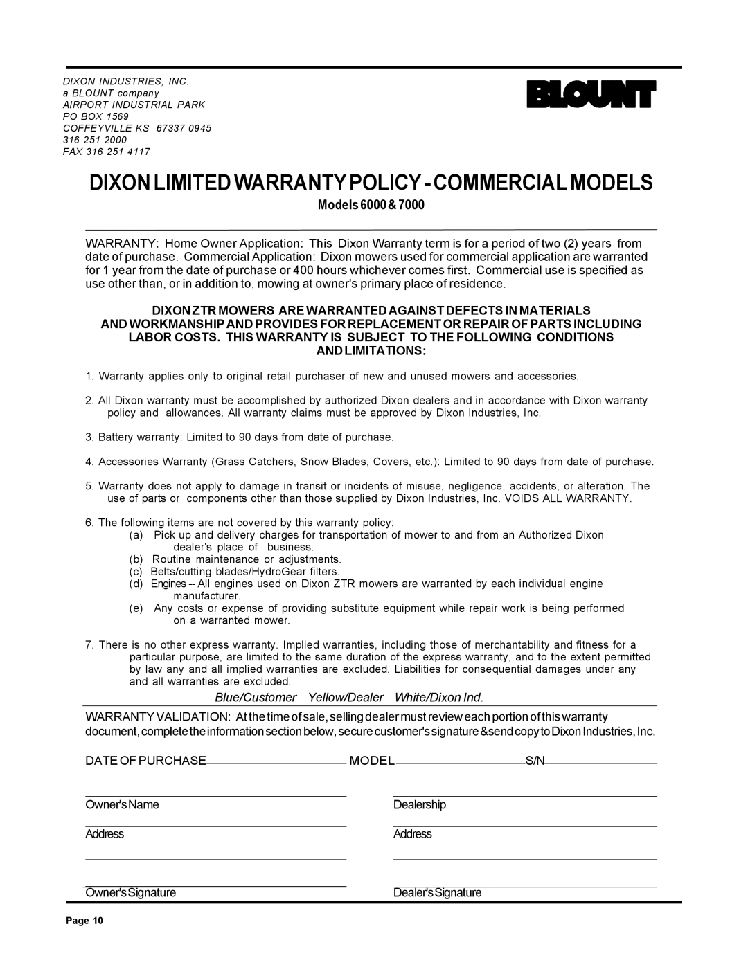 Dixon ZTR 6025 manual Dixon Limited WARRANTYPOLICY- Commercialmodels, Models6000&7000 