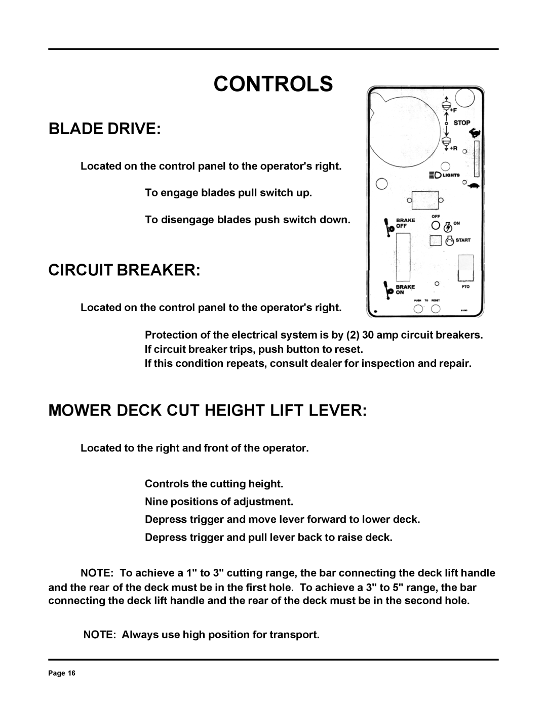 Dixon ZTR 6025 manual Blade Drive, Circuit Breaker, Mower Deck CUT Height Lift Lever 