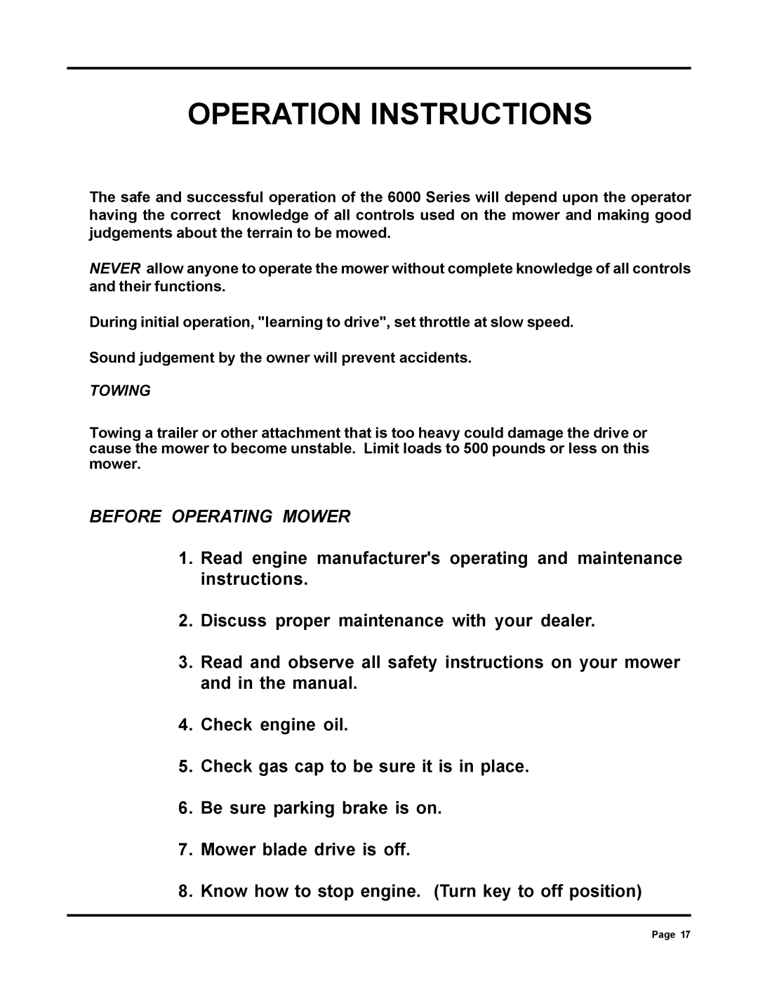 Dixon ZTR 6025 manual Operation Instructions, Towing 