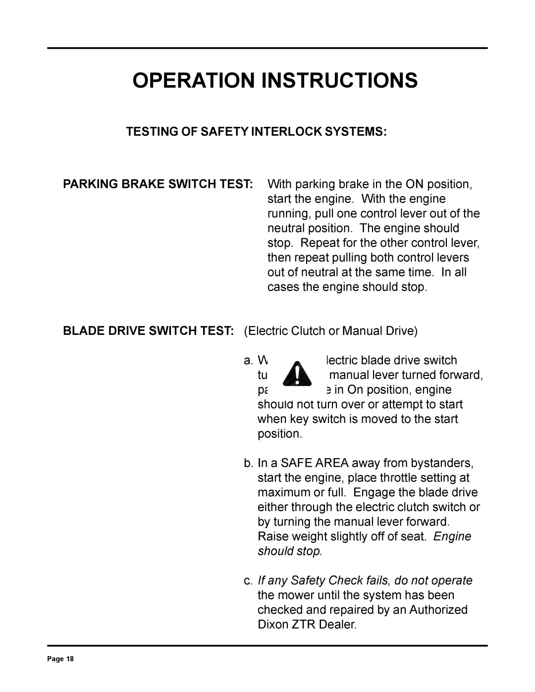 Dixon ZTR 6025 manual Testing of Safety Interlock Systems 