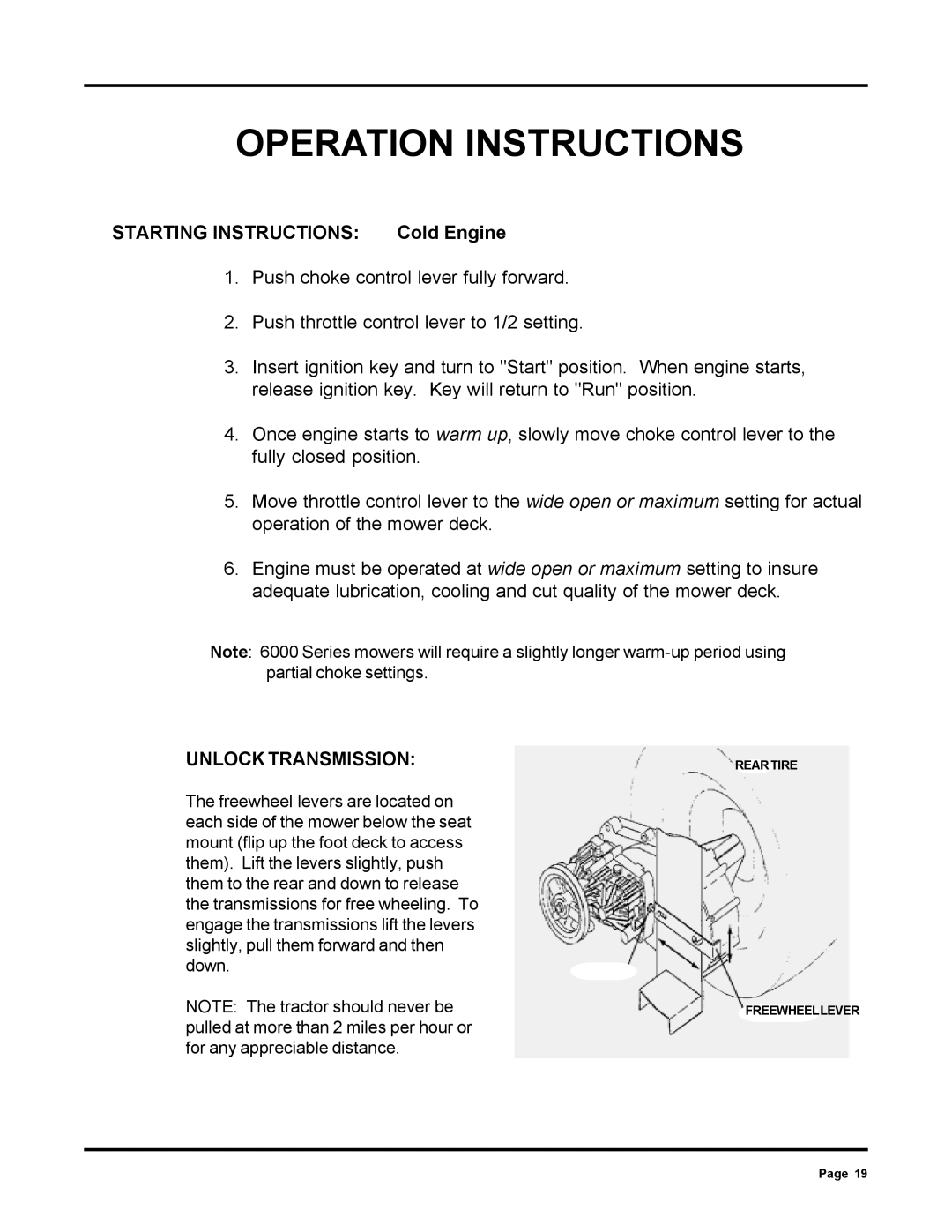 Dixon ZTR 6025 manual Starting Instructions Cold Engine, Unlock Transmission 