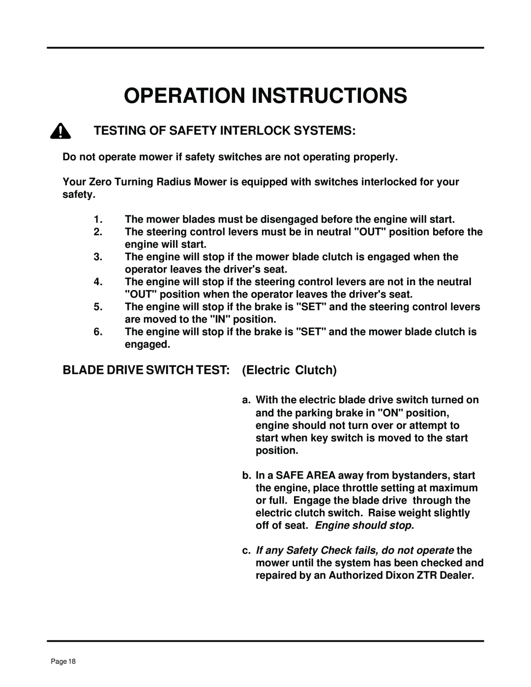 Dixon ZTR 7025 manual Operation Instructions, Testing Of Safety Interlock Systems, BLADE DRIVE SWITCH TEST Electric Clutch 