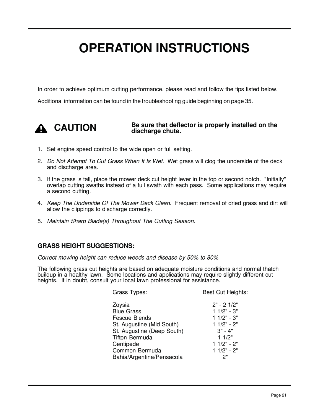 Dixon 13091-0500, ZTR 7025 Operation Instructions, Be sure that deflector is properly installed on the discharge chute 