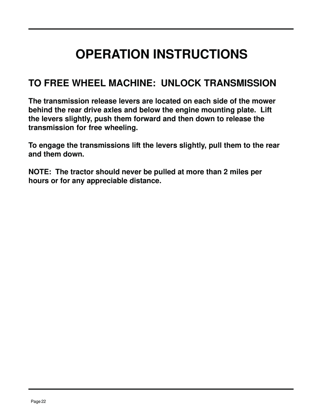 Dixon ZTR 7025, 13091-0500 manual To Free Wheel Machine Unlock Transmission, Operation Instructions 