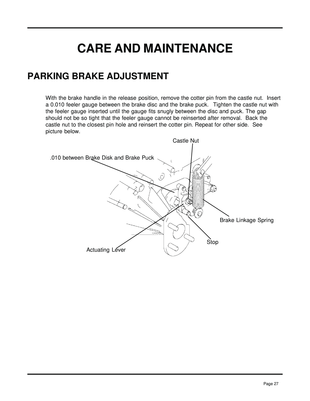 Dixon 13091-0500, ZTR 7025 manual Parking Brake Adjustment, Care And Maintenance 