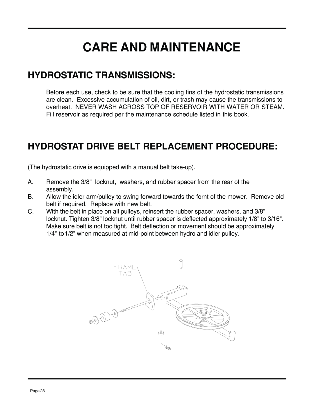 Dixon ZTR 7025, 13091-0500 Hydrostatic Transmissions, Hydrostat Drive Belt Replacement Procedure, Care And Maintenance 