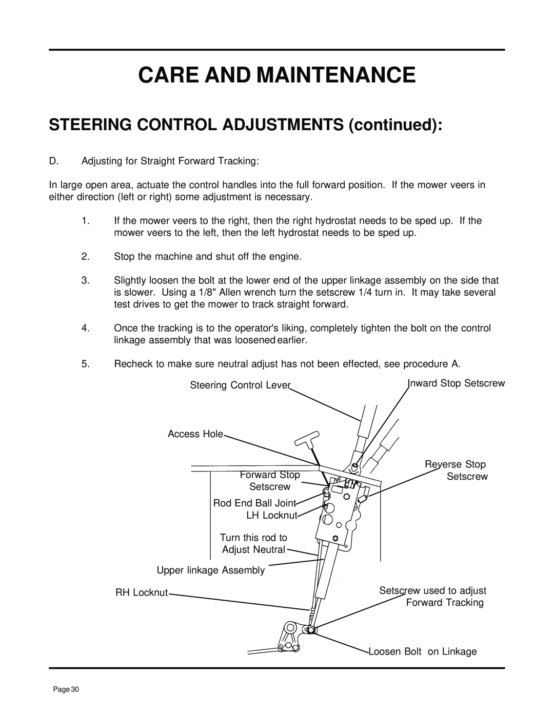 Dixon ZTR 7025, 13091-0500 manual STEERING CONTROL ADJUSTMENTS continued, Care And Maintenance 
