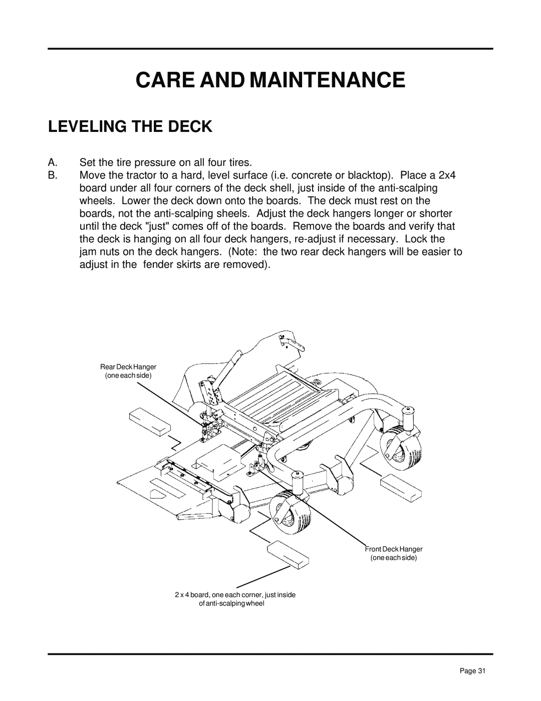 Dixon 13091-0500, ZTR 7025 manual Leveling The Deck, Care And Maintenance 